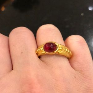 Gold Ring with Red Cabochon Like Stone, Costume Jewelry
